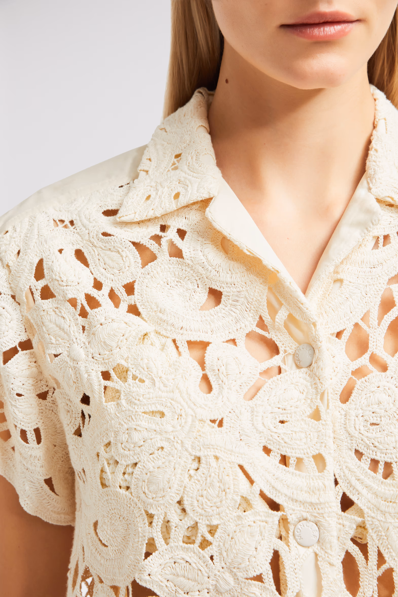 Floral Macramé Short Sleeve Shirt Women White Ivory Moncler 6